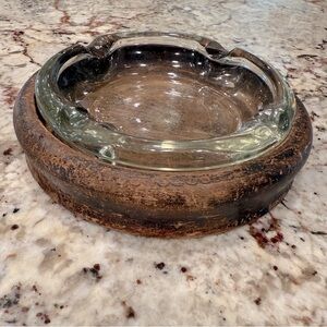 Vintage Rustic Glass Wood Ashtray old antique mid mod organization storage